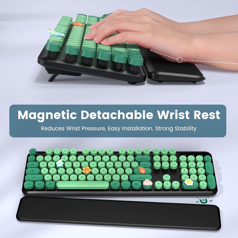 SABLUTE Wireless Keyboard and Mouse Combo-Round Keycaps, Full-Size Retro Typewriter Keyboard with Detachable Wrist Rest, Sleep Mode & Tilt Legs, 2.4GHz Cordless Connection for Mac/Windows/PC (Black & Green) - Image 2